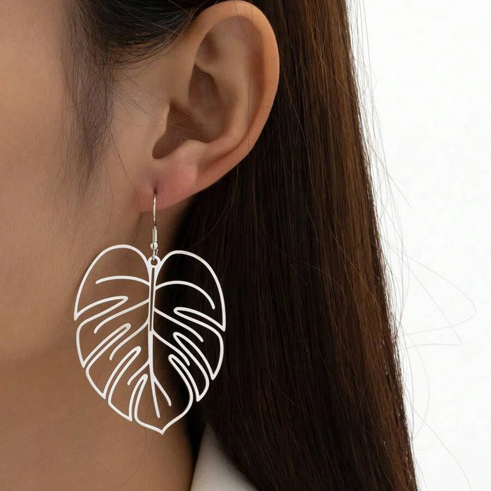 Stainless Steel Bohemian Hollow Exaggerated Leaf Dangle Drop Earrings