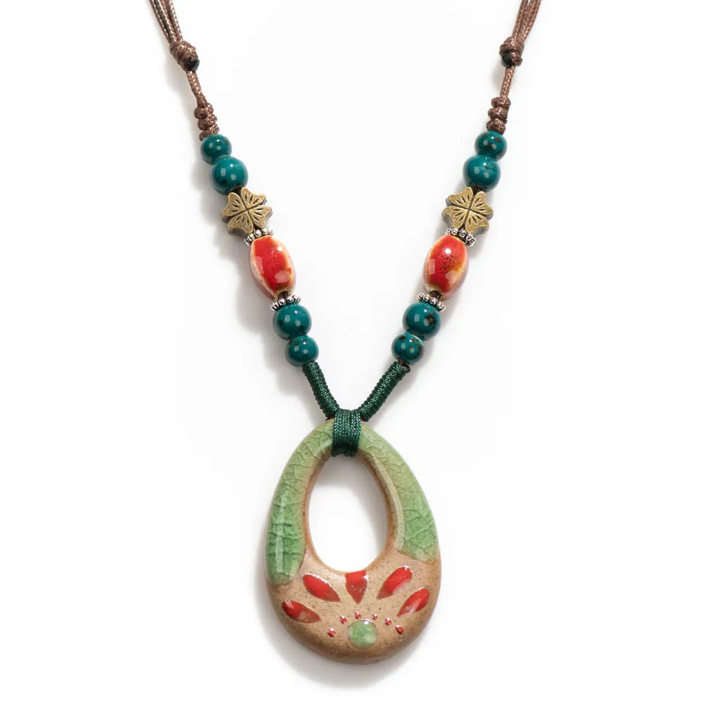 Handmade Ceramic Pendant Beads Necklace Retro