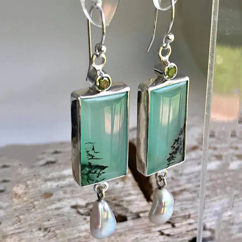 Square Green Opal Stone Dangle Alloy Earrings with Natural Pearls & CZ Stones