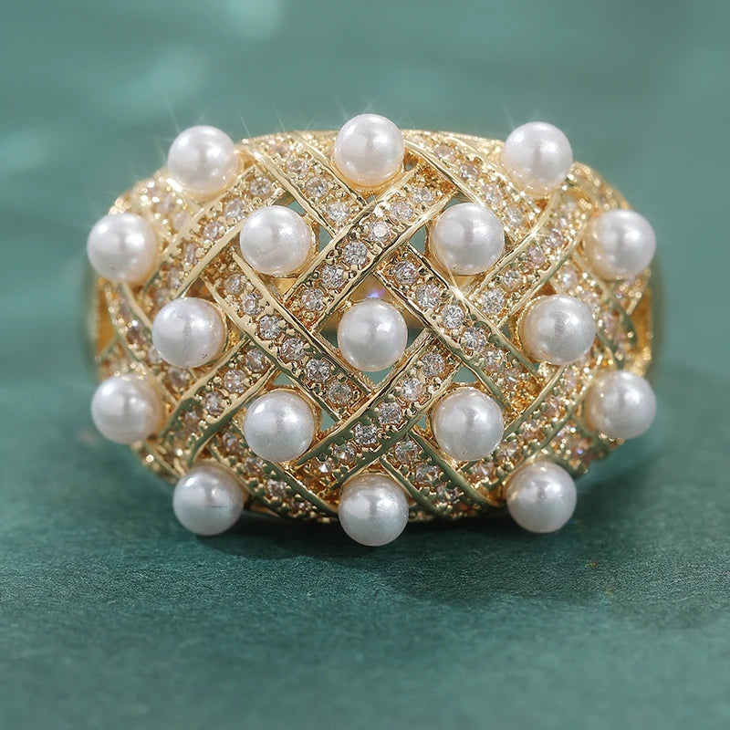 Cubic Zirconia Luxury Faux Pearl Gold Plated Copper Cocktail Ring