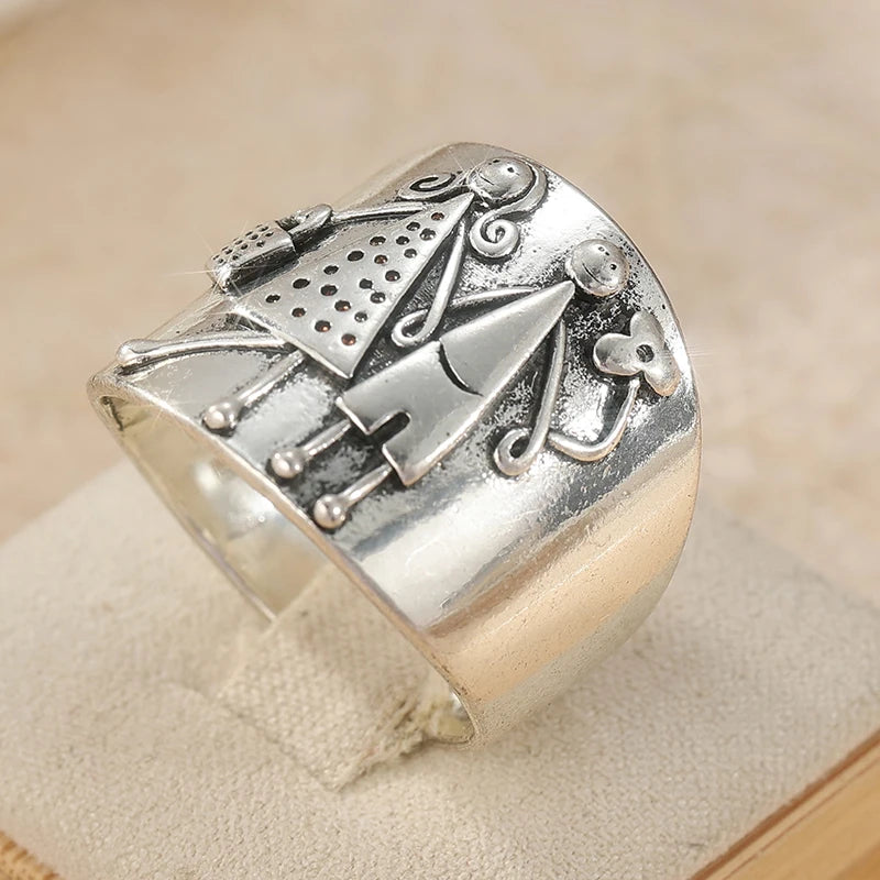 Vintage Inspired Silver-Plated Copper Ring - Hand Carved Couples Woman Man Holding Hands