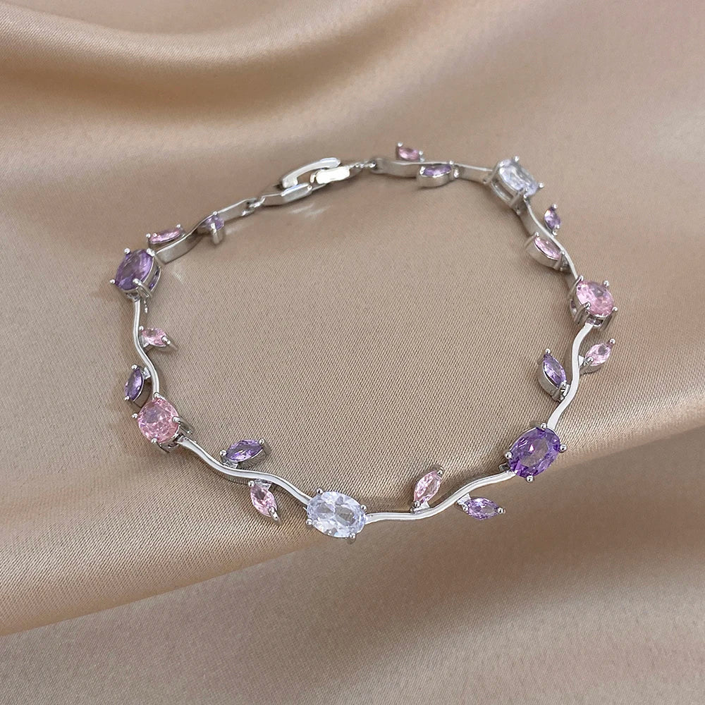 Pink/Purple Zircon Flower Leaf Silver Chain Bracelet in Copper - Elegant, Feminine