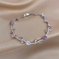 Pink/Purple Zircon Flower Leaf Silver Chain Bracelet in Copper - Elegant, Feminine