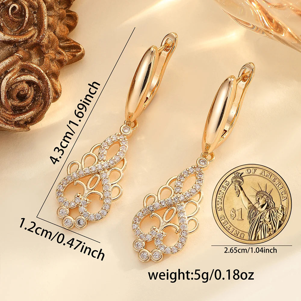 CZ Flower Cooper Feminine Bridal Heart Dangle Earrings