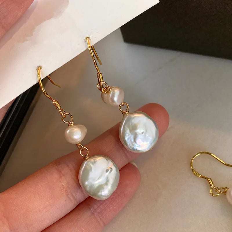 Baroque Button Natural Freshwater Pearl 14K Gold Filled Drop Earrings