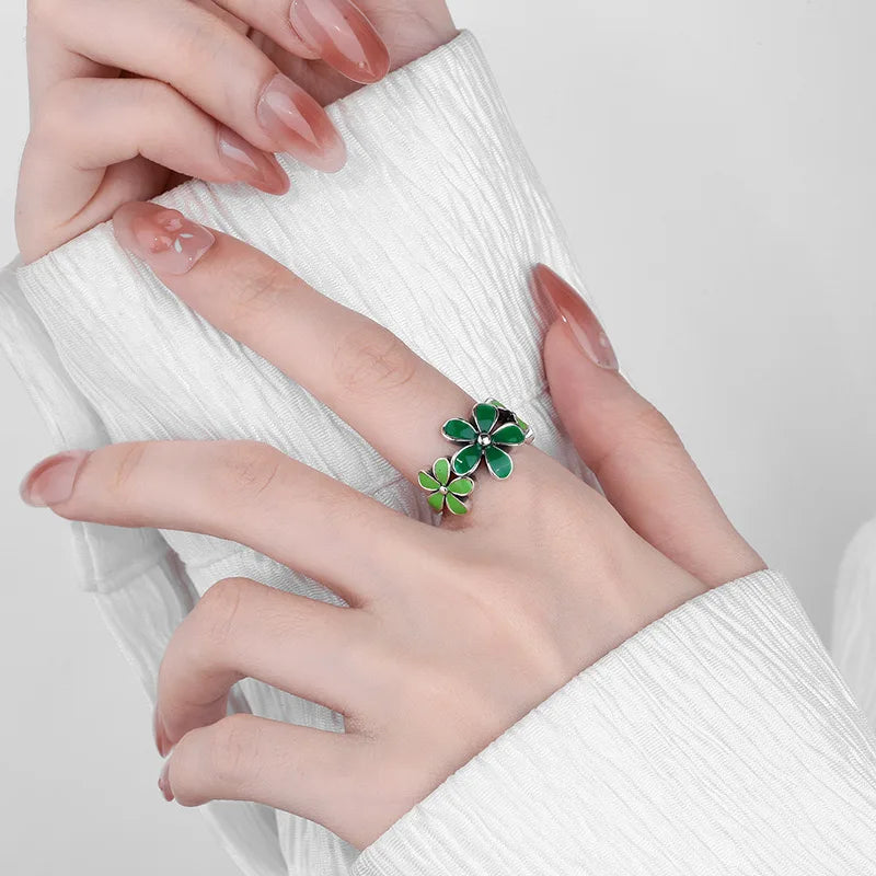925 Sterling Silver Green Flower Adjustable Ring