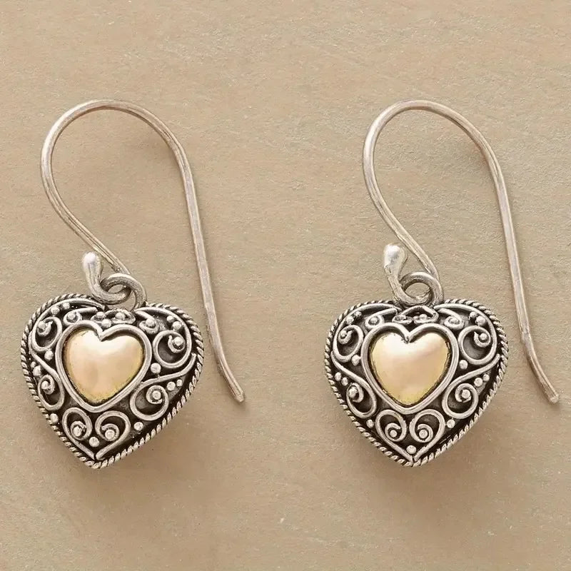 Two-Tone Zink Alloy Heart Dangle Earrings