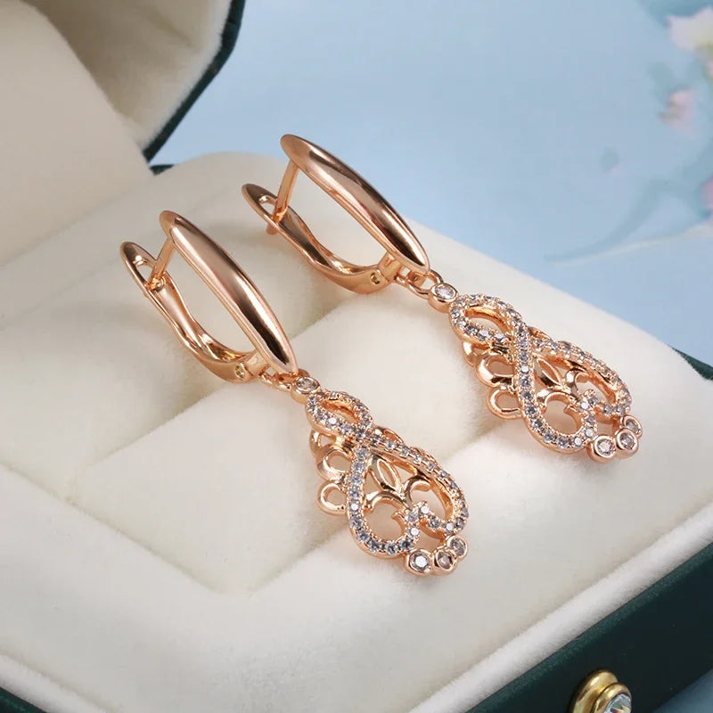 CZ Flower Cooper Feminine Bridal Heart Dangle Earrings
