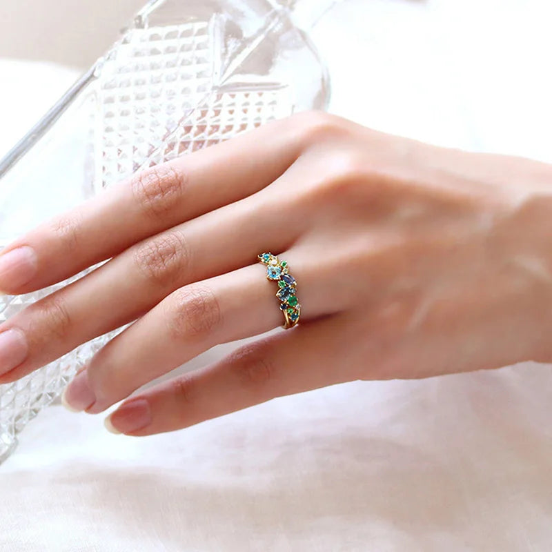 Nature Inspired Blue/Green/Clear Cubic Zirconia Brass Fashion Ring