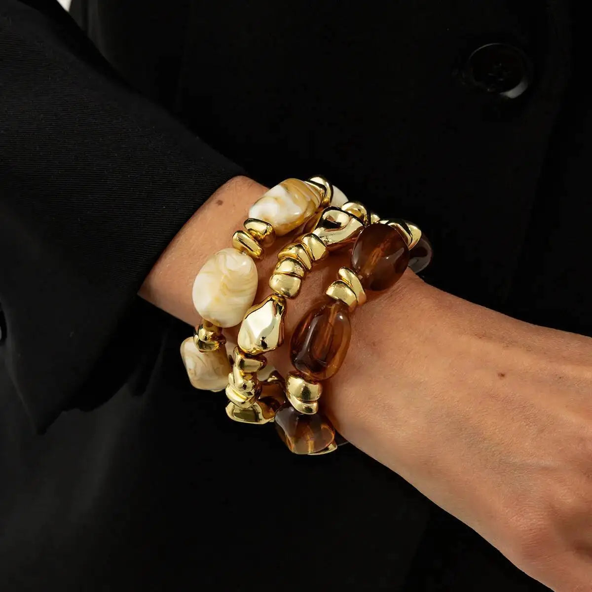 3 Pcs Set Acrylic Resin Copper Coated Bead Bracelets - Y2K Bohemian Uneven Various Forms