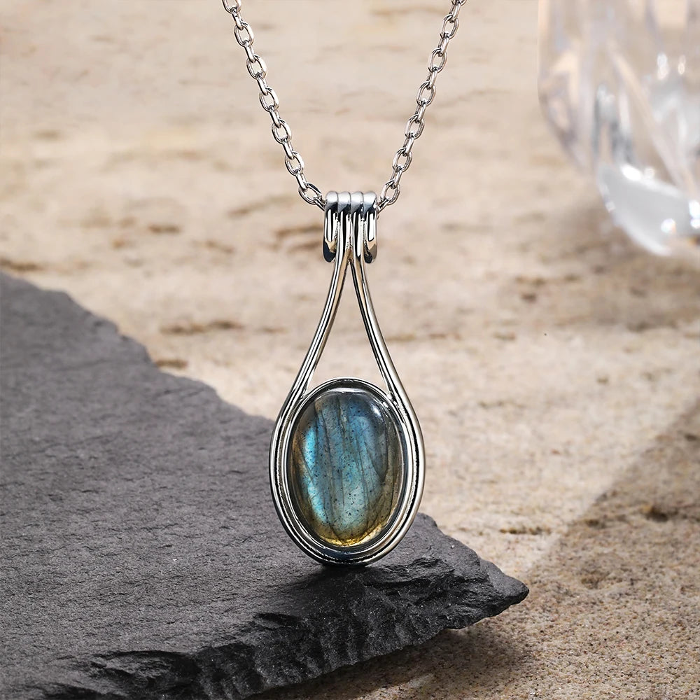Platinum Plated Sterling Silver Pendant Natural Labradorite