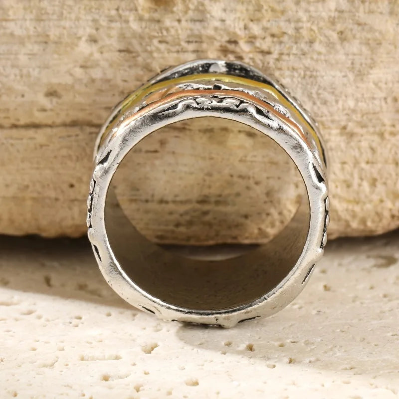 Retro Boho Multi-Color Zinc Alloy Band Ring - Layered Texture, Unique, Handmade