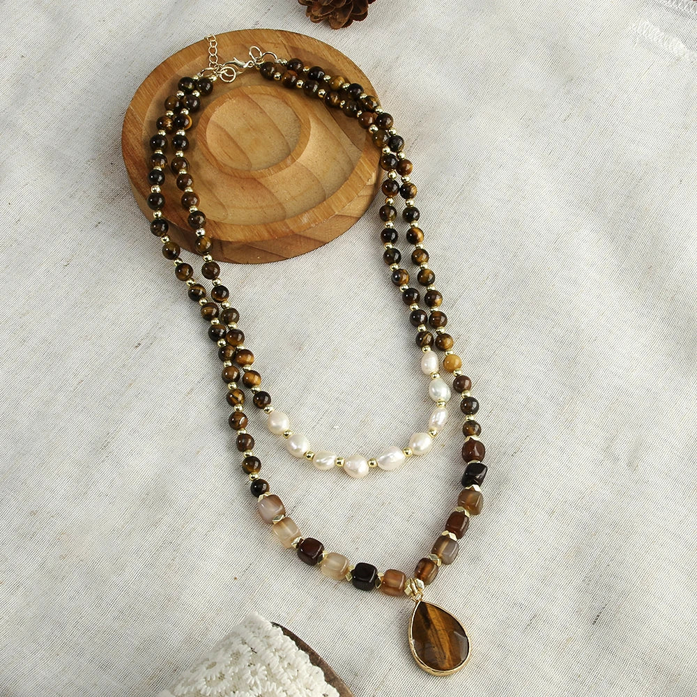 Bohemian 2-Layer Tiger Eye Indian Agate Stone Freshwater Pearl Drop Pendant Necklace