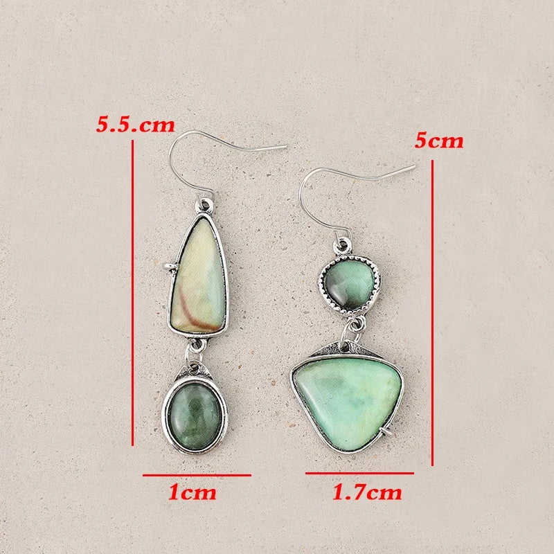 White Gold Plated Copper Green Stone Earrings - Boho, Asymmetric, Vintage Inspired