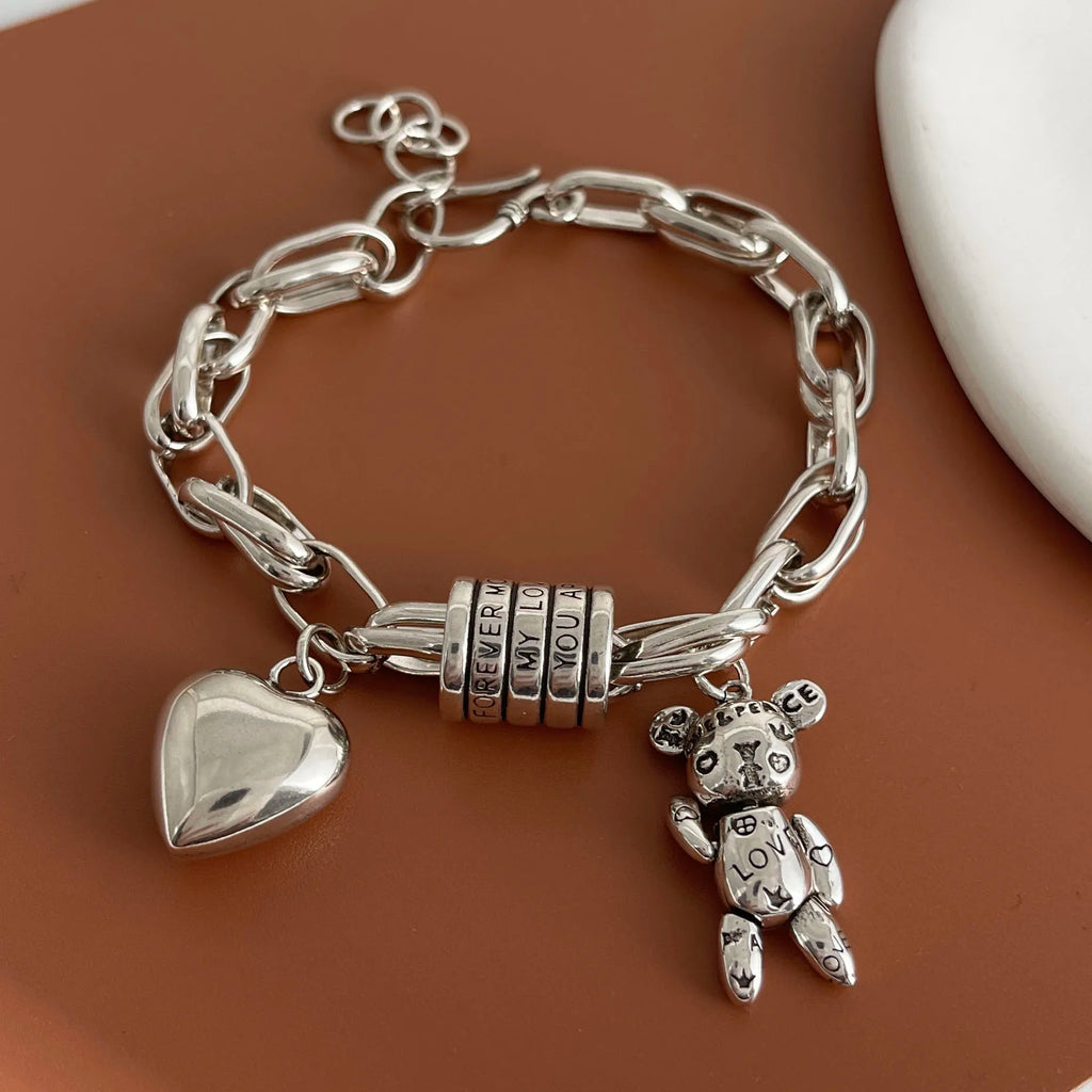 Solid 925 Sterling Silver Charm Bracelet Heart Teddy Love