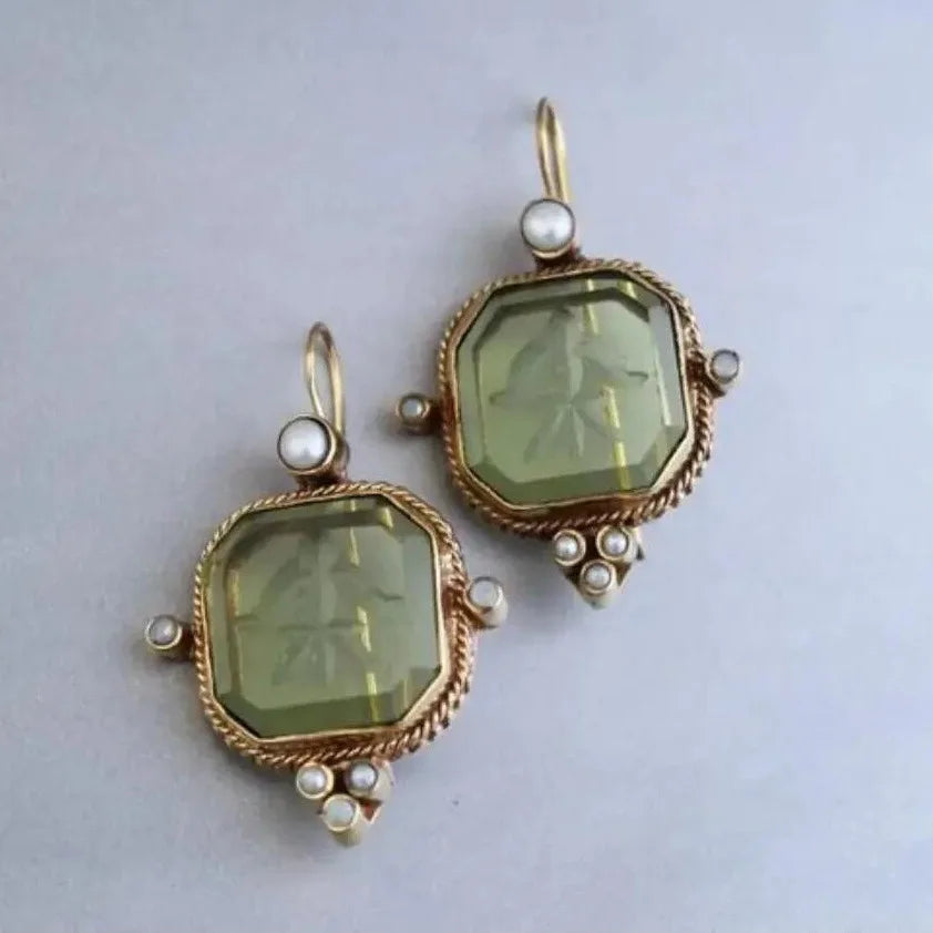 Retro Geometric Hexagonal Green/Blue Crystal Faux Pearl Copper Earrings