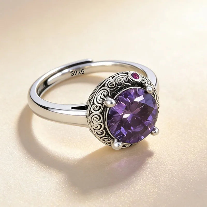 925 Sterling Silver Large Purple CZ Stone Adjustable Ring