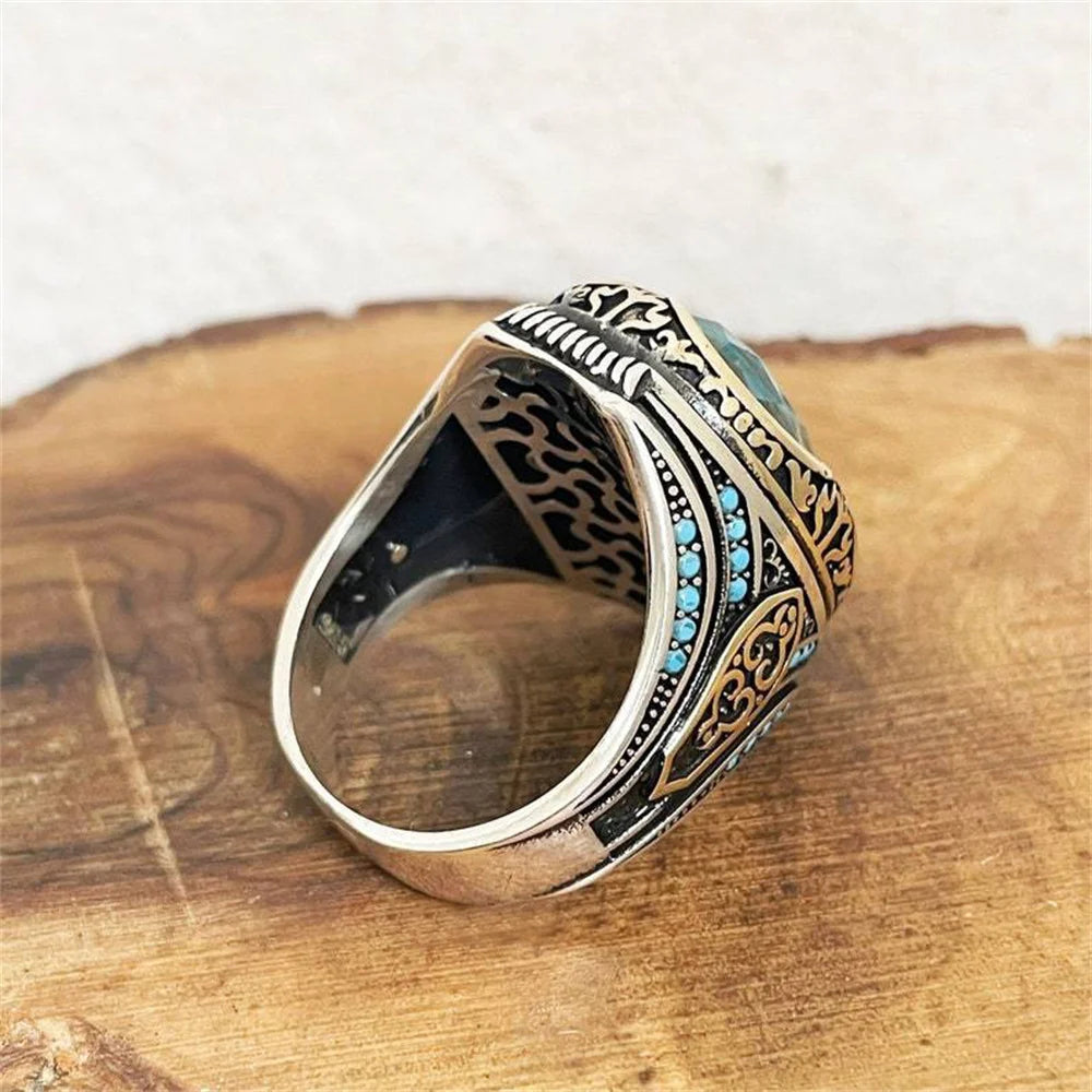 Turkish Large Blue Zircon Stone Zinc Alloy Two Tone Pattern Ring