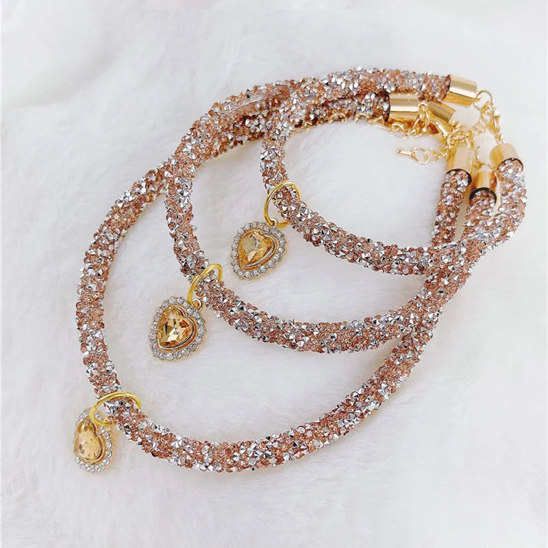 Adjustable Dog Necklace & Rhinestone Heart Gem Pendant