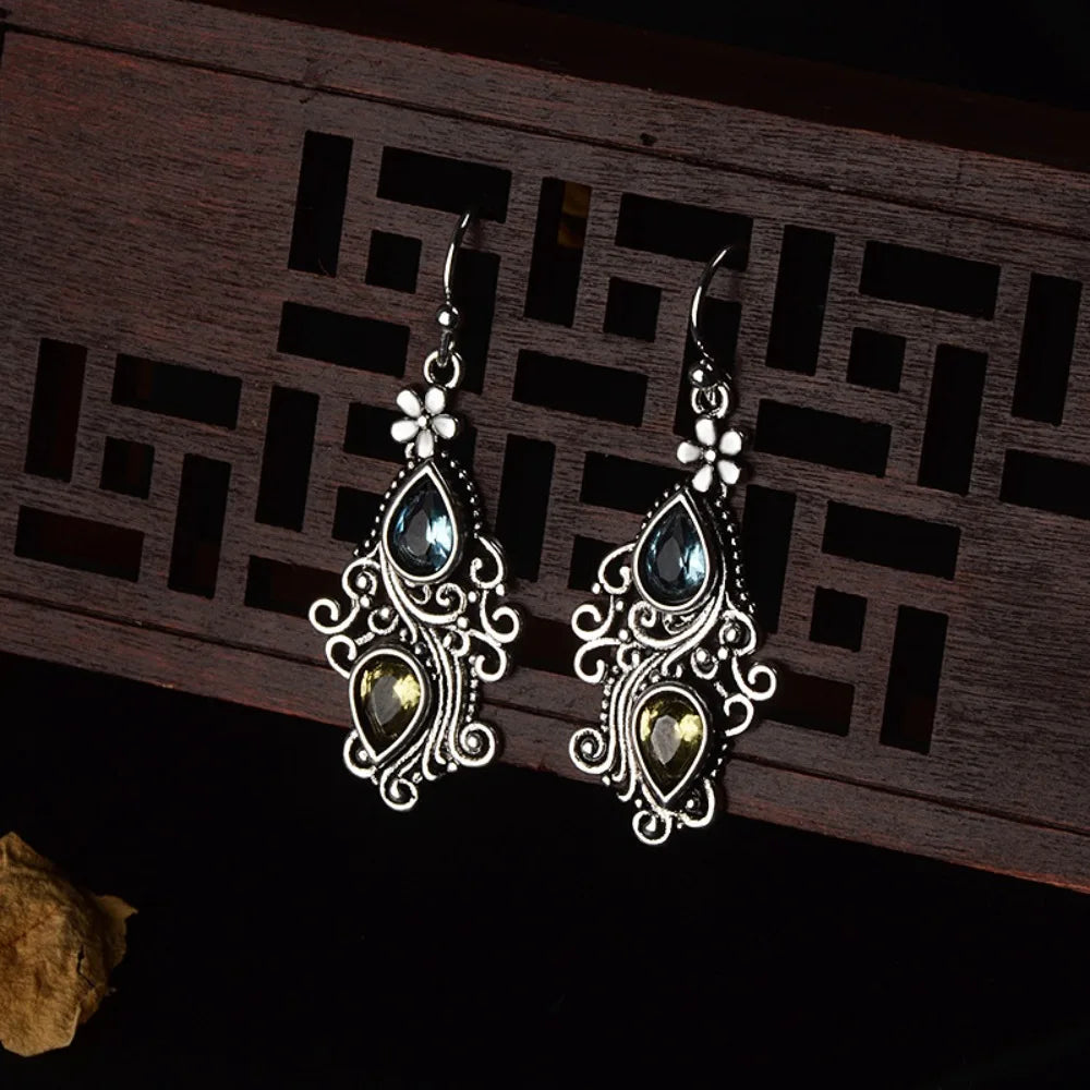 Retro Court Style Sea Blue Topaz Flower Water Droplet Dangle Alloy Earrings