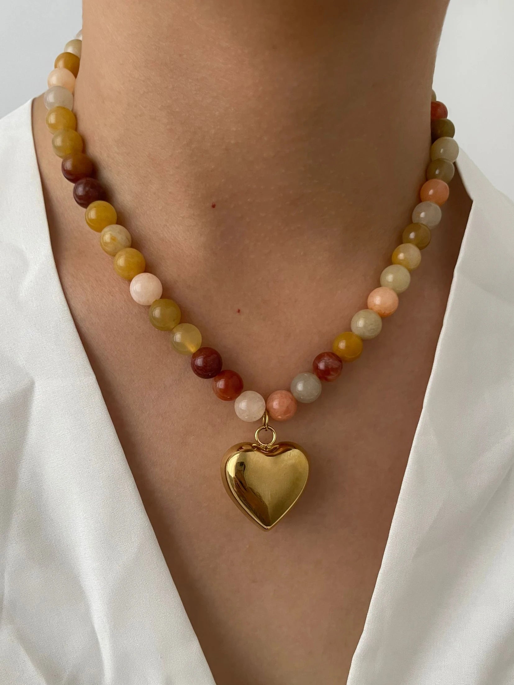 18K Gold Plated Steel Necklace - Boho Brown/Orange Natural Stone Handmade Beaded