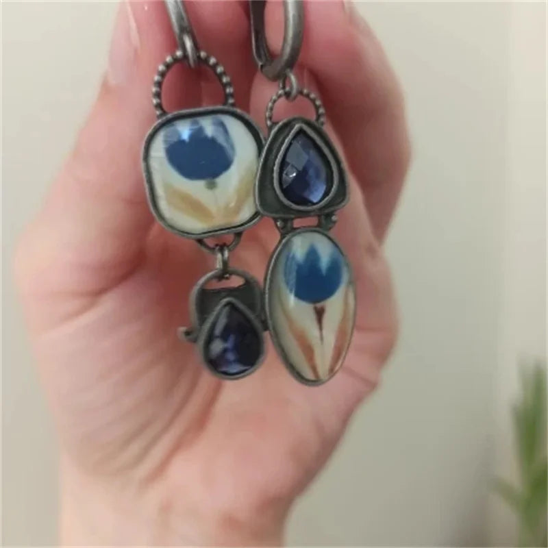 Vintage Style Silver Blue Stone Carved Flower Alloy Earrings - Very Retro, Feminine