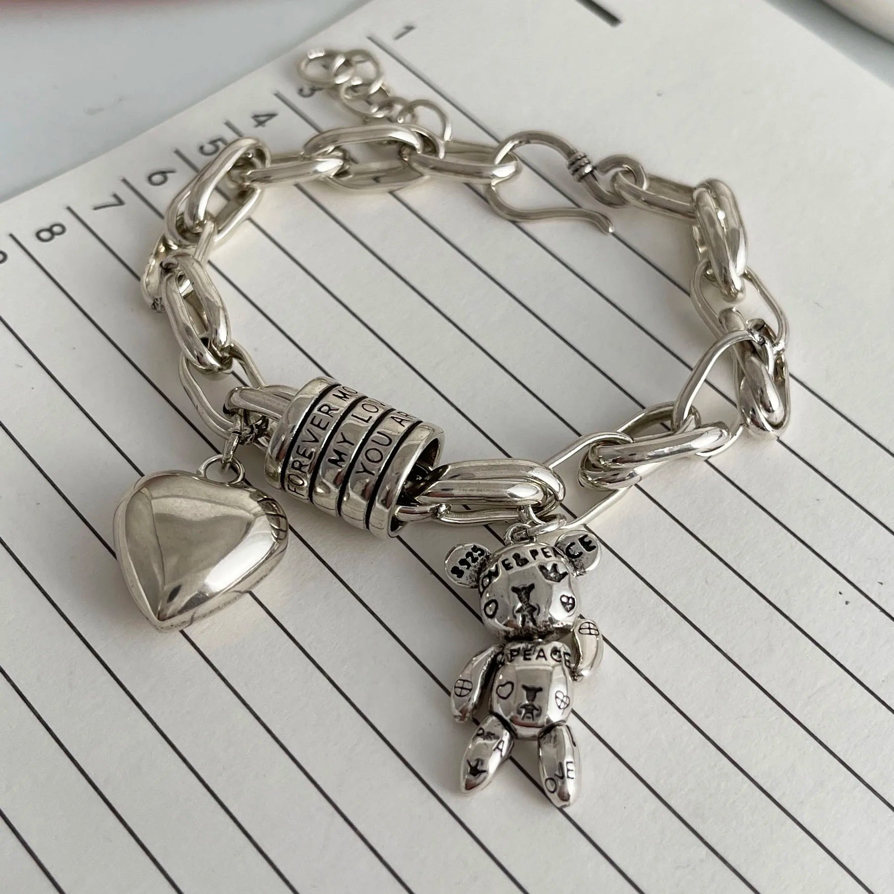 Solid 925 Sterling Silver Charm Bracelet Heart Teddy Love