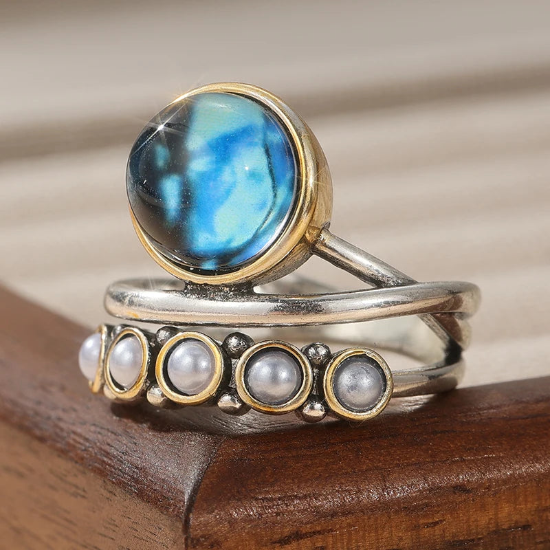 Two-Tone Double Ring with Faux Pearl Blue CZ Stone in Brass - Rare, Unique, Bold!