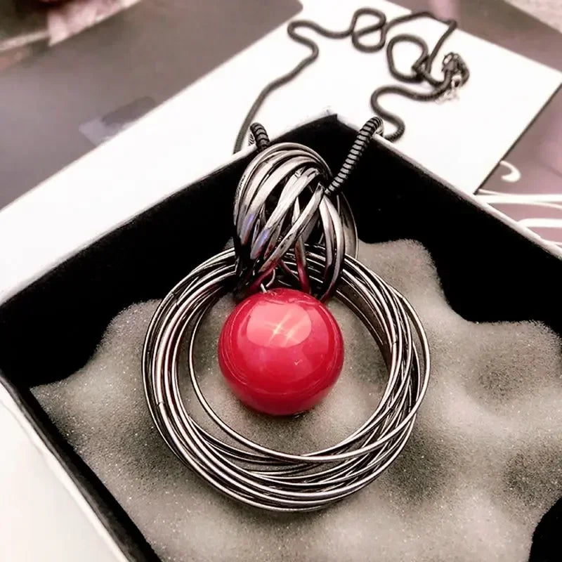 Pearl Ball Multi Layered Round Metal Pendant Long Gold-Plated Alloy Necklace