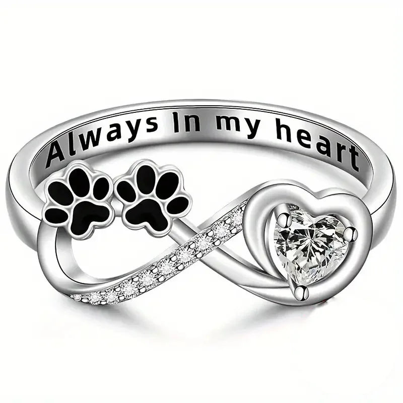 925 Silver Plated "Always in My Heart" Zircon Stones Paws Dog Footprints Ring