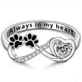 925 Silver Plated "Always in My Heart" Zircon Stones Paws Dog Footprints Ring