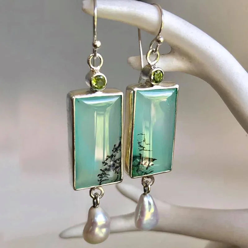 Square Green Opal Stone Dangle Alloy Earrings with Natural Pearls & CZ Stones