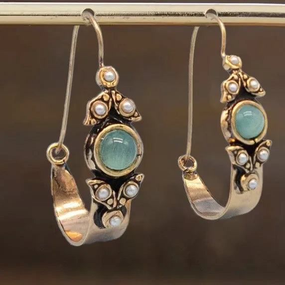Ethnic Green Stone Faux Pearl Copper Alloy Hoop Earrings - Boho, Retro