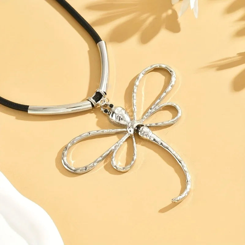 Bold Boho Style Silver Dragonfly Alloy Pendant on Long Cord Choker Necklace