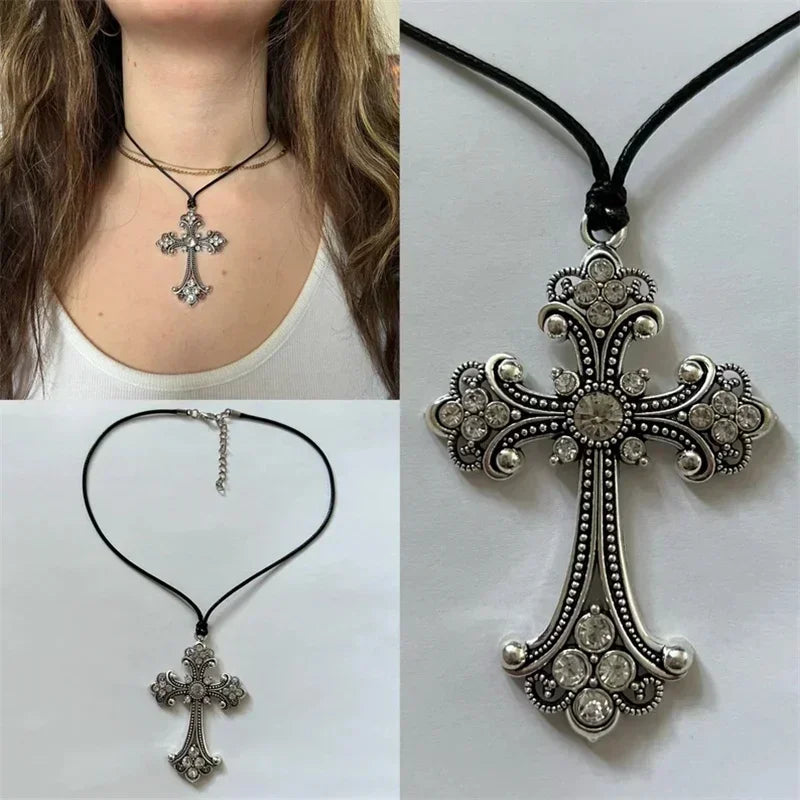Large Goth Detailed Rhinestone Zinc Alloy Cross Rope Chain Choker