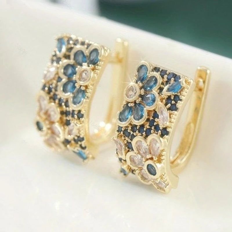 Retro Zircon Blue Flower Hoop Alloy Earrings