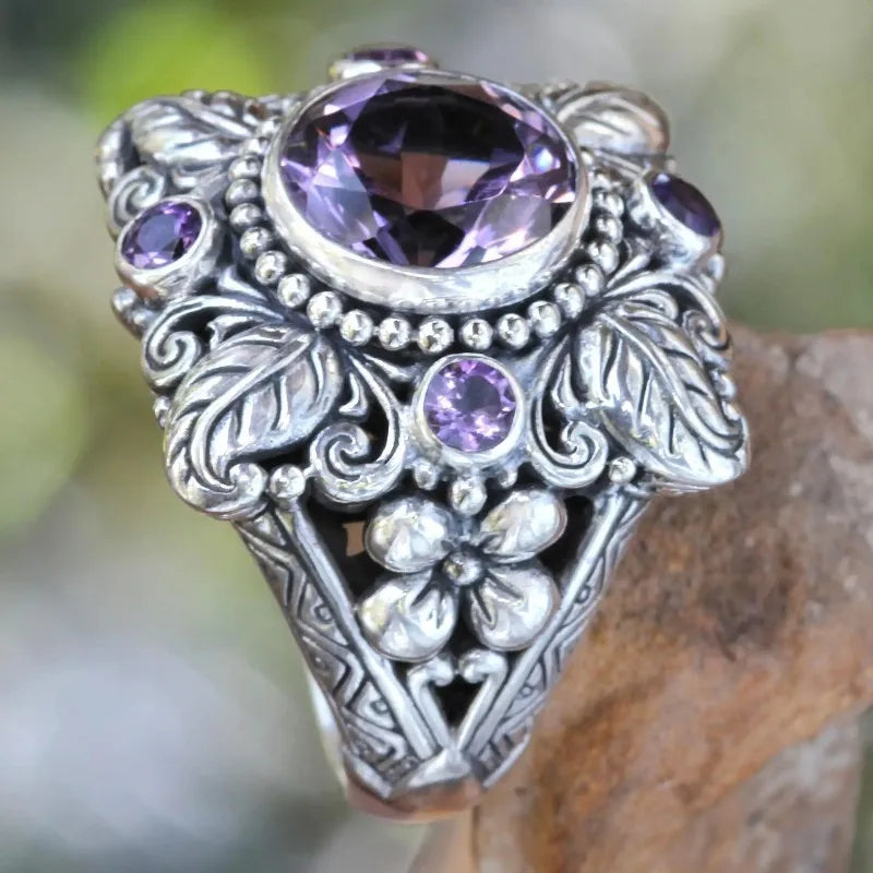 Purple CZ Stone Thai Silver Plated Zinc Alloy Leaf Flower Ring