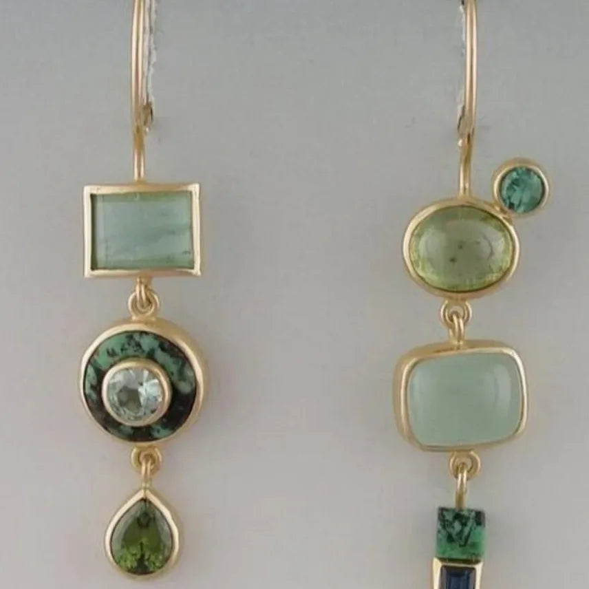 Asymmetric Long Dangle Golden Alloy Earrings with Green Stones