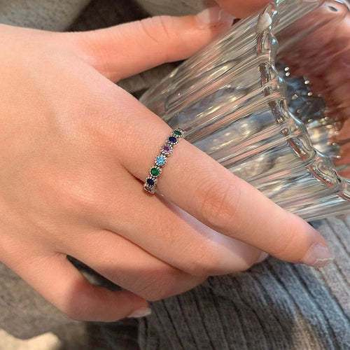 925 Sterling Silver Multicolor CZ Flower Adjustable Ring