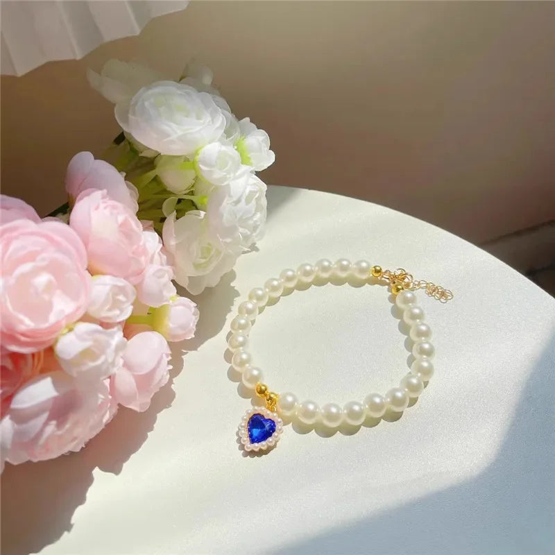 Faux Pearl Dog Necklace & Heart Rhinestone Pearl Pendant