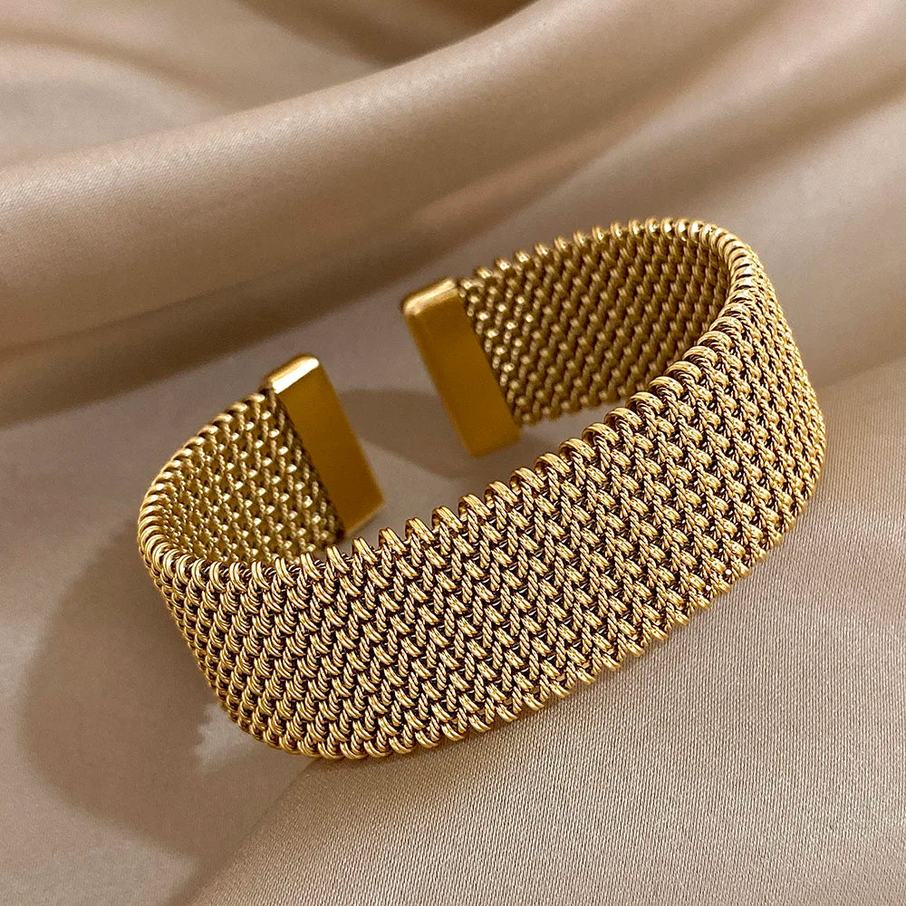 Golden Shade Stainless Steel Cuff Bracelet - Thick Weave Elegant