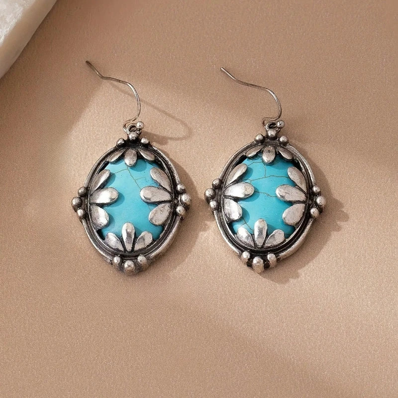 Bohemian Oval Flower Large Turquoise Drop Alloy Earrings