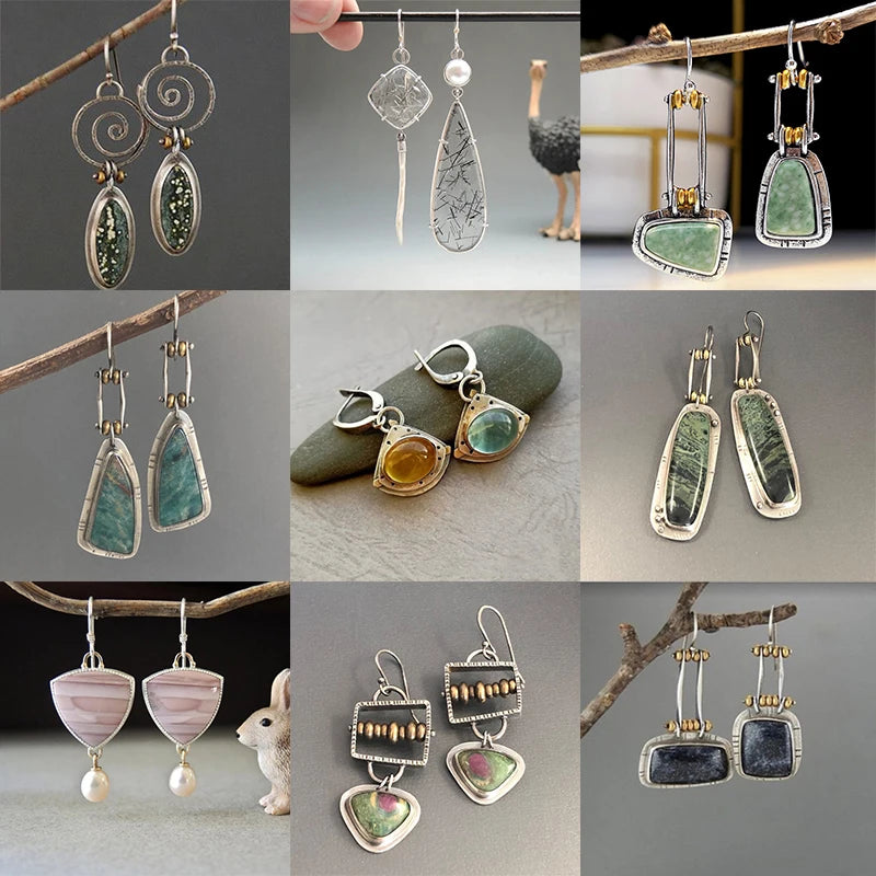 Selection of Very Unusual Boho Stone Asymmetric Dangle Alloy Earrings