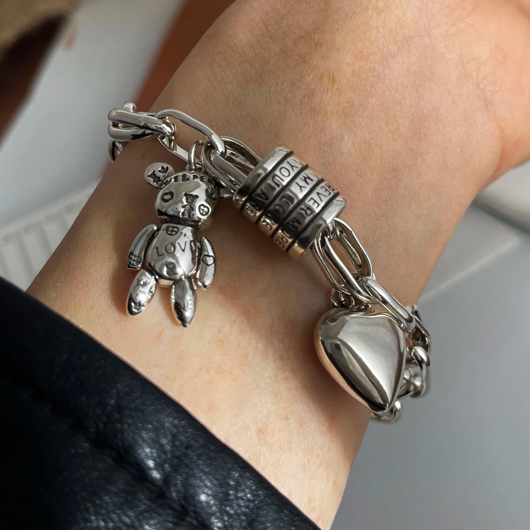 Solid 925 Sterling Silver Charm Bracelet Heart Teddy Love