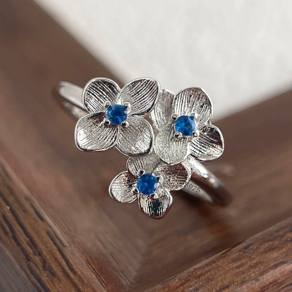 925 Sterling Silver Blue Flower Zircon Adjustable Ring