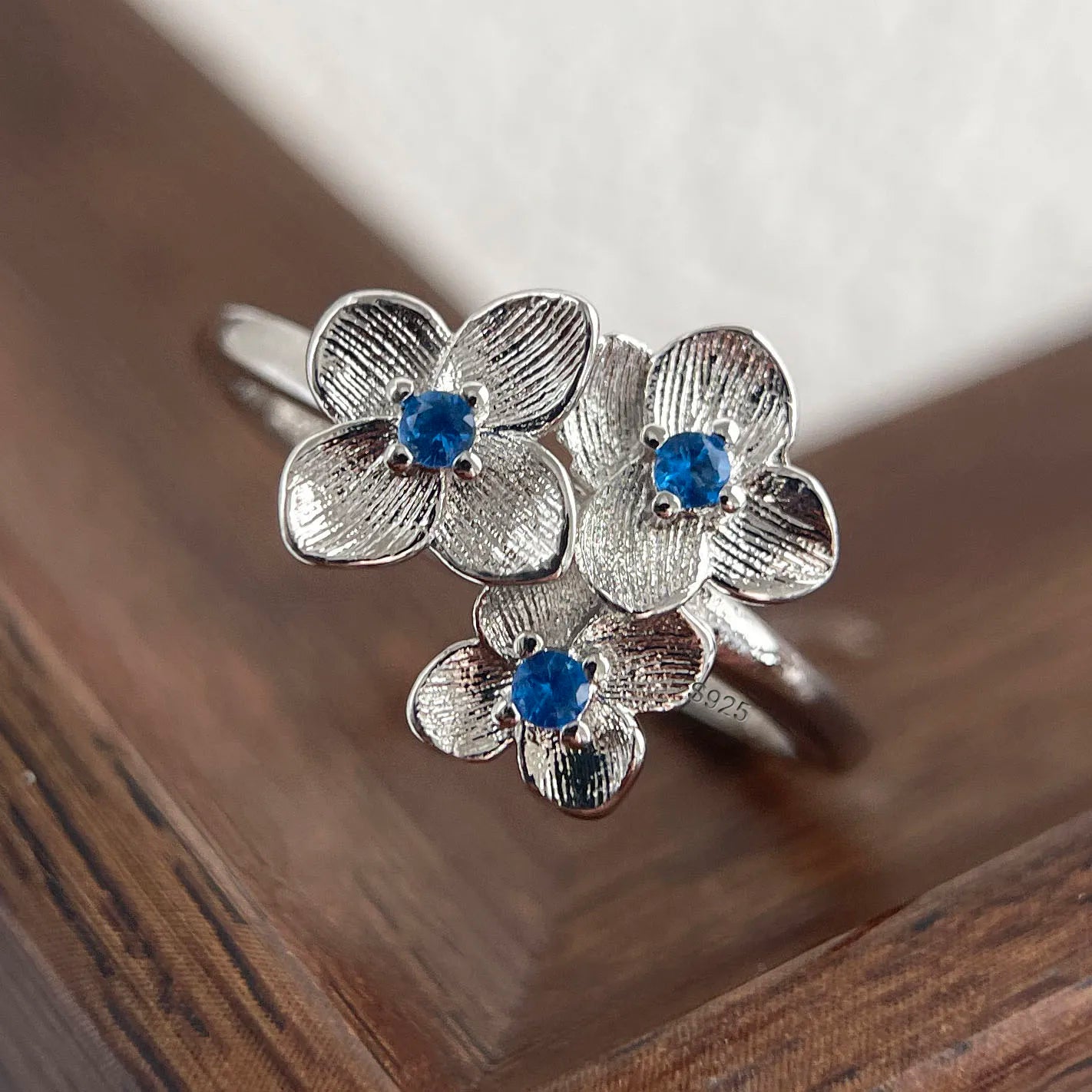 925 Sterling Silver Blue Flower Zircon Adjustable Ring