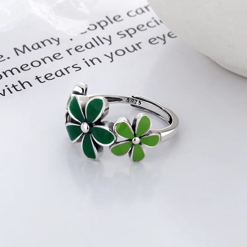 925 Sterling Silver Green Flower Adjustable Ring