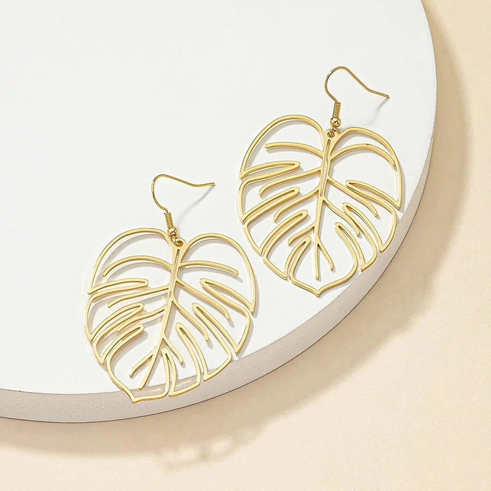 Stainless Steel Bohemian Hollow Exaggerated Leaf Dangle Drop Earrings