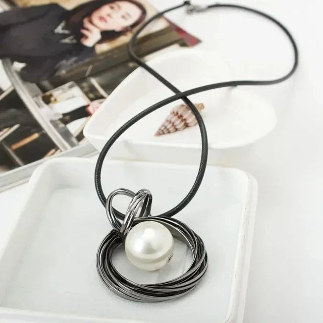 Pearl Ball Multi Layered Round Metal Pendant Long Gold-Plated Alloy Necklace