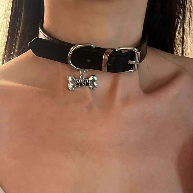Y2K Punk Dog Claw Bone Choker PU Leather Necklace